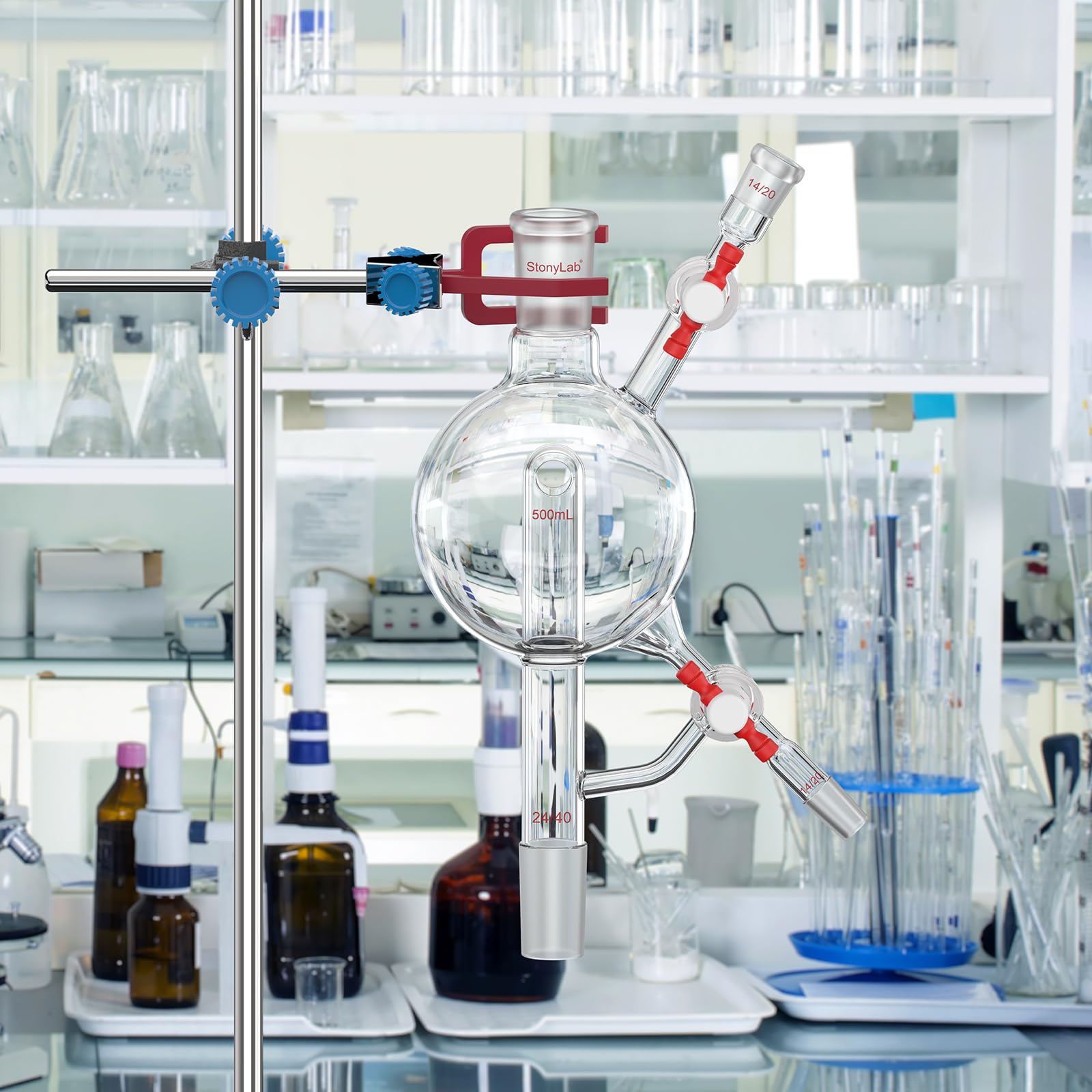 stonylab Cabezal Destilación 500 ml Vidrio Borosilicato PTFE, Unión Sup/Inf 24/40, 2 Laterales 14/20, para Secado, Reflujo y Recolección Laboratorio