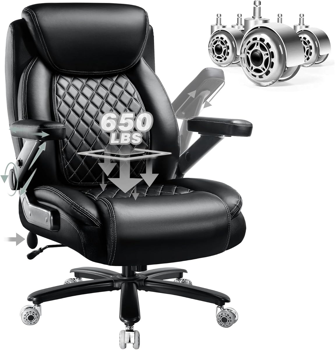 650LBS Big and Tall Office Chair with 5D Flip Arms and Thick Pocket Spring Cushion, Extra Wide Heavy Duty Office Chair &amp; Adjustable Lumbar Support, Large High Back Computer Chair Dual Rubber Wheel