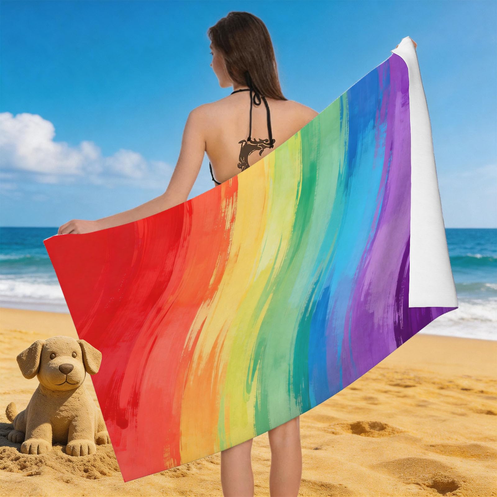 Leichong 3D Rainbow Beach Towel Microfiber Soft Quick Dry for Adults, Watercolor Girly Bath Towel Lightweight Soft Absorbent for Travel Swimming Pool Sports, 75 x 150 cm