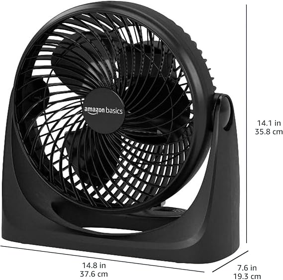 Amazon Basics Air Circulator Fan, Desk Fan for Bedroom, Home and Office, With 90-Degree Tilt Head, 3 Speed Settings, Lightweight (4.2 LBS), 70 Watts, Black, 14.8Wx7.6Dx14.1H