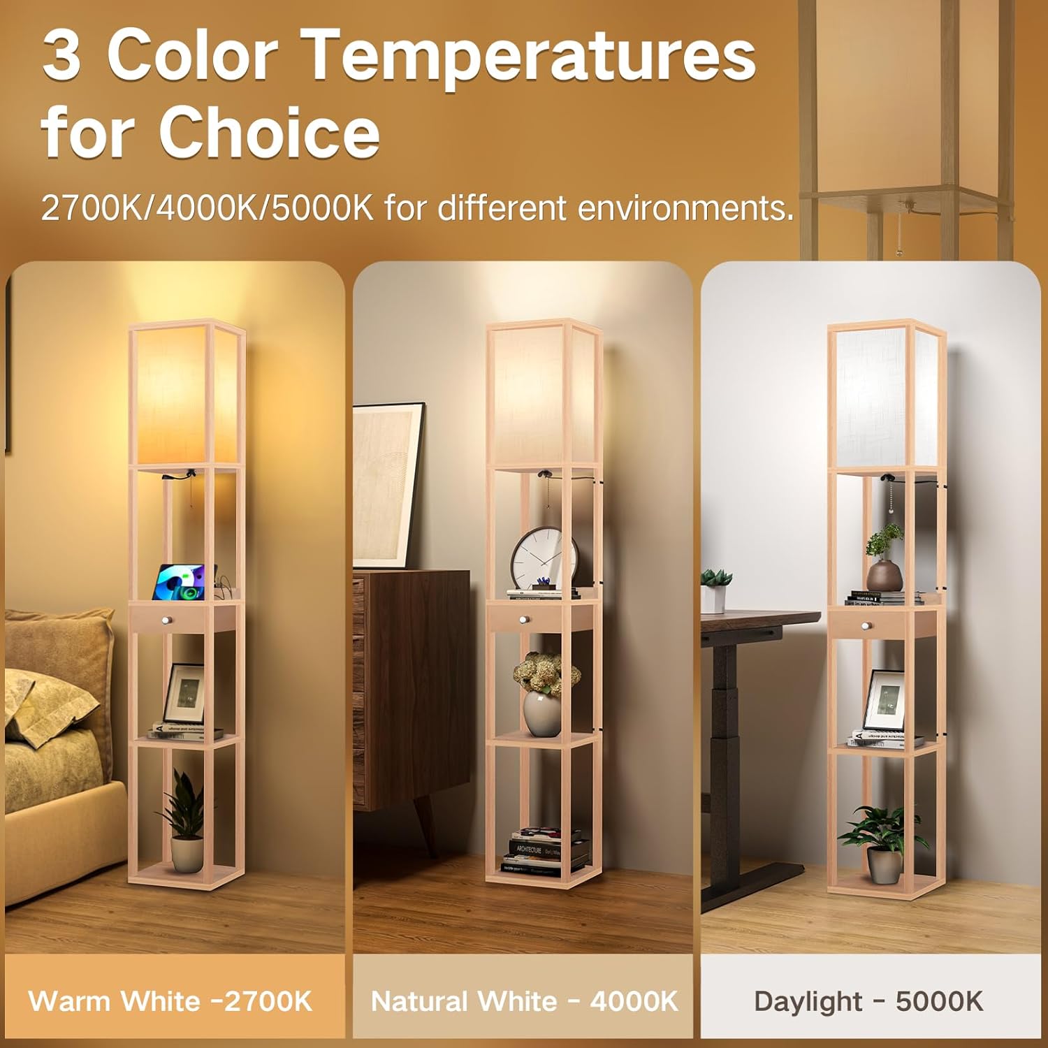 Three images showing the OUTON LED Floor Lamp emitting Warm White (2700K), Natural White (4000K), and Daylight (5000K) light, demonstrating the different color temperatures.