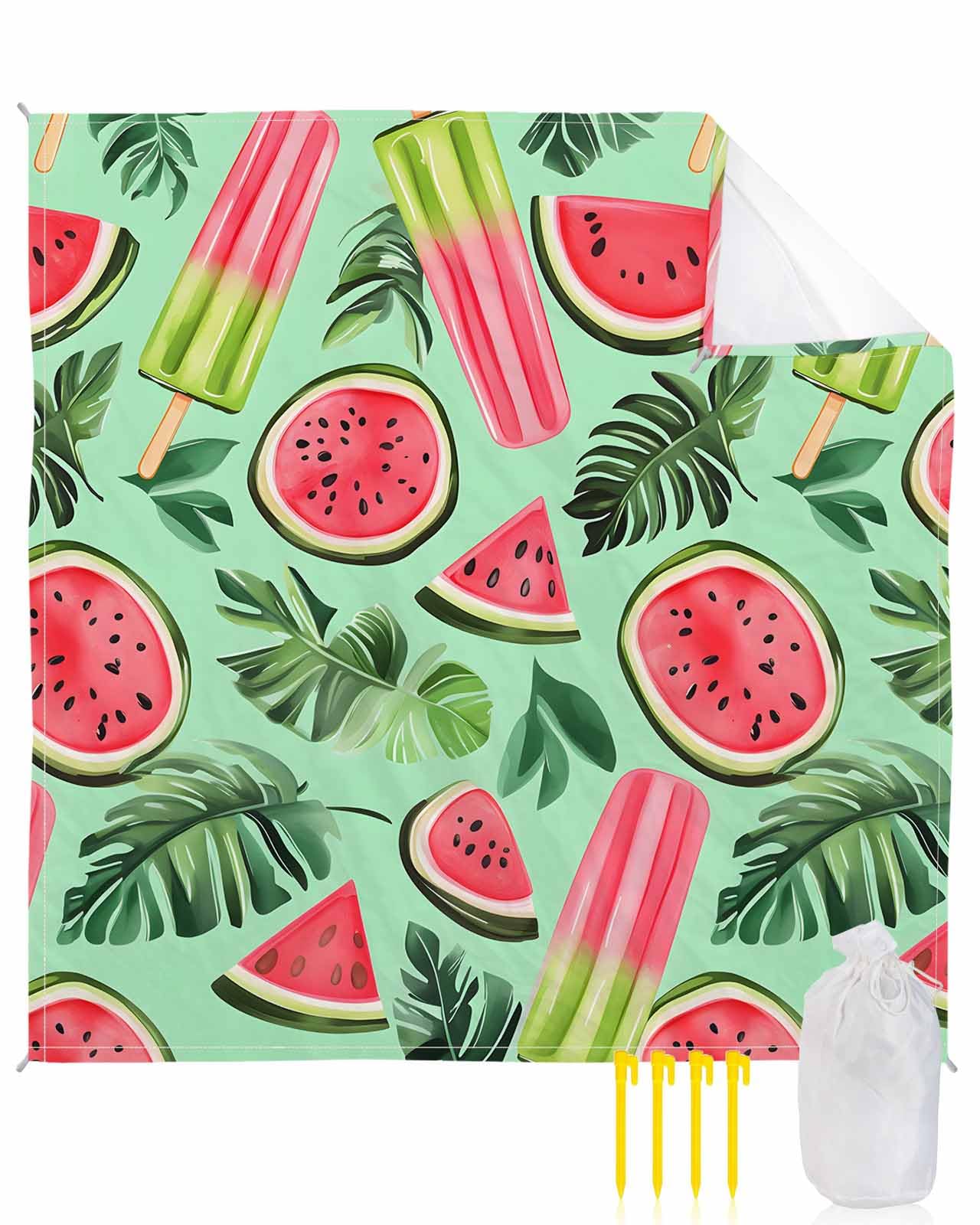 Summer Watermelon Popsicle Leaf Beach Blanket Extra Large 118x108in Outdoor Waterproof Sandproof Picnic Blankets with Stakes Lightweight Beach Mat for Camping Travel,Watercolor Fruit Plant on Green