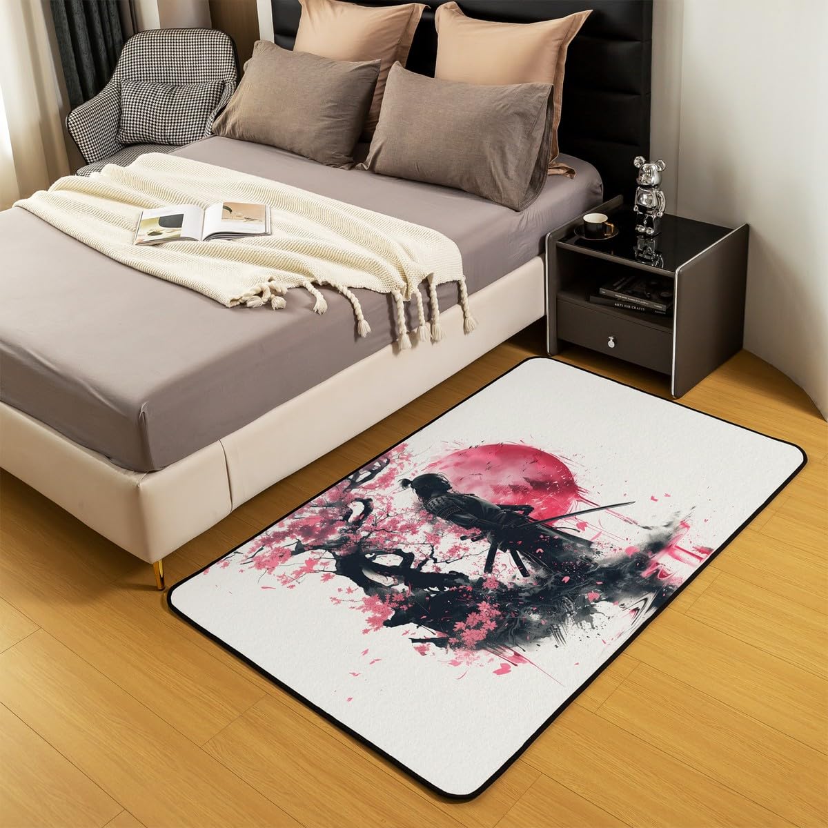 Homewish Style Japonais Tapis Salon Anime Japonais Samouraï Tapis 100x150 Sakura Red Sun Tapis Intérieur et Extérieur Encre Noir Rouge Tapis Décoratif Apanese Ukiyo E Salon Tapis