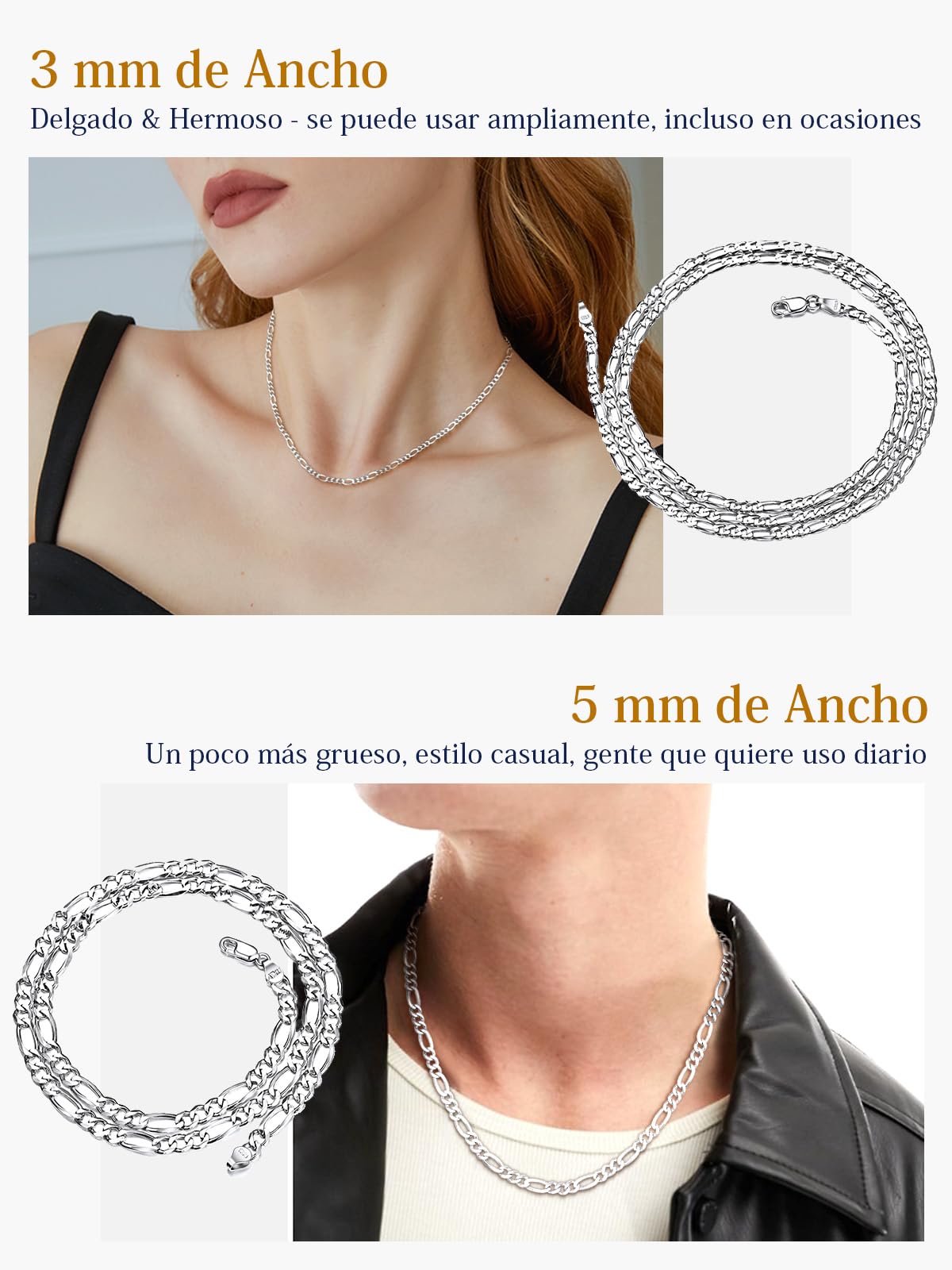 Suplight Cadena Plata Hombre Mujer, Plata de Ley 925 Collar Italiano de Cadena Cubana/Fígaro con Caja de Regalo, 3/5 mm Ancho 36/46/51/56/61/66/71 cm Largo, Joyería Hipoalergénica Básica
