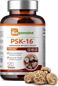Biogenuine PSK-16 Mushroom Supplement Capsules 1070 mg 120 Tablets - 15 Multi Mushroom Blend Pills Including Shitake, Reishi, Maitake, Turkey Tail - Mushroom Immune Complex with Vitamin C