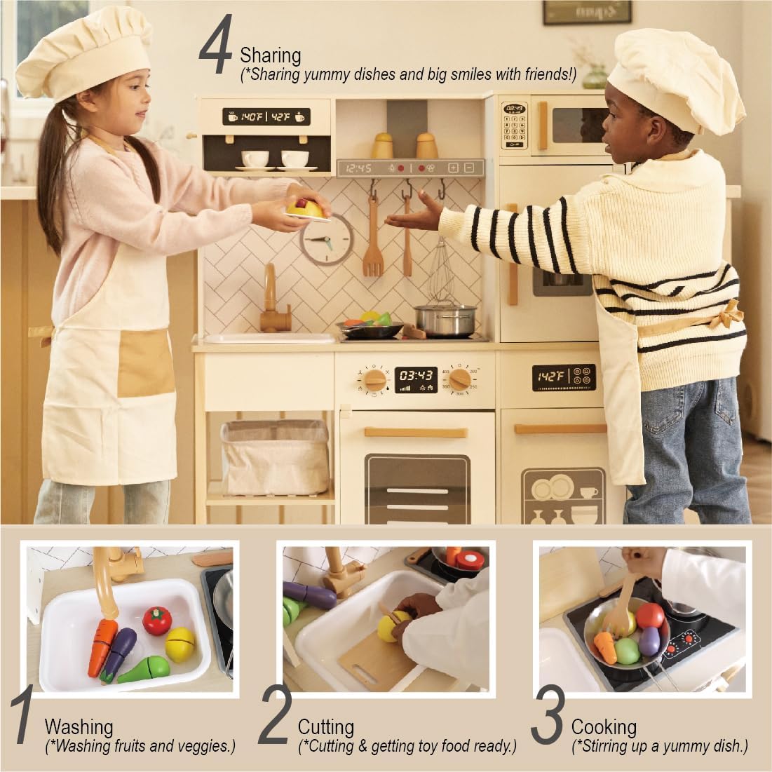 Freniland Wooden Play Kitchen Kids Kitchen Playset with Real Light & Sound Realistic Ice Maker Stove Oven Chef Pretend Toy Kitchen Include 31 Accessories Kids Toy Gift for Child Ages 3+ Toy Furniture Premium Kitchen image 2 of 9 B0DNJZZFC8