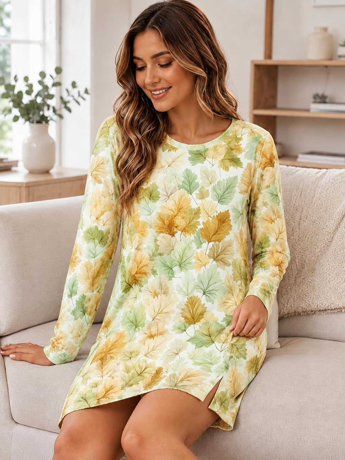 Women Autumn Long Sleeve Tunic Dress Crew Neck Floral Shift Mini Dress image 5