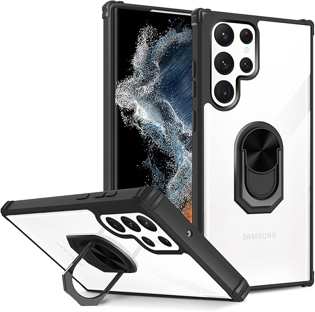 DONWELL for Samsung Galaxy S22 Ultra Case,S22 Ultra Case Cover with Ring Holder Kickstand,Crystal Clear Hard PC Back Flexible TPU Bumper Samsung S22 Ultra Protective Case 6.8 inch