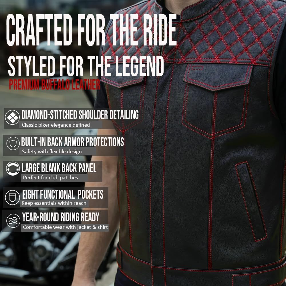 Jackets 4 Bikes SOA Men's Motorcycle Vest, Geniune Buffalo Leather, Back Armor, Inside Pockets, Motorbike Riding Club Vests Paisley Red M