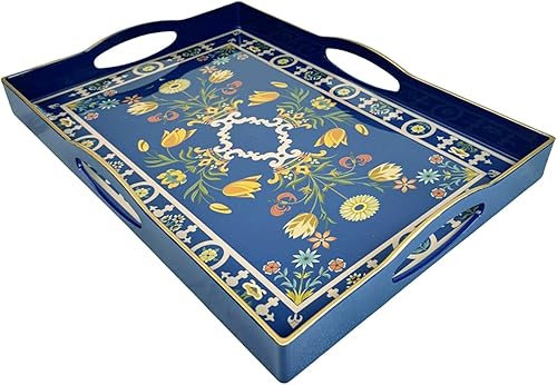 Miniatura 92 de Bandeja decorativa bohemia, moderna bandeja azul para servir con asas, juego de 2 bandejas otomanas, bandeja de plástico para mesa auxiliar