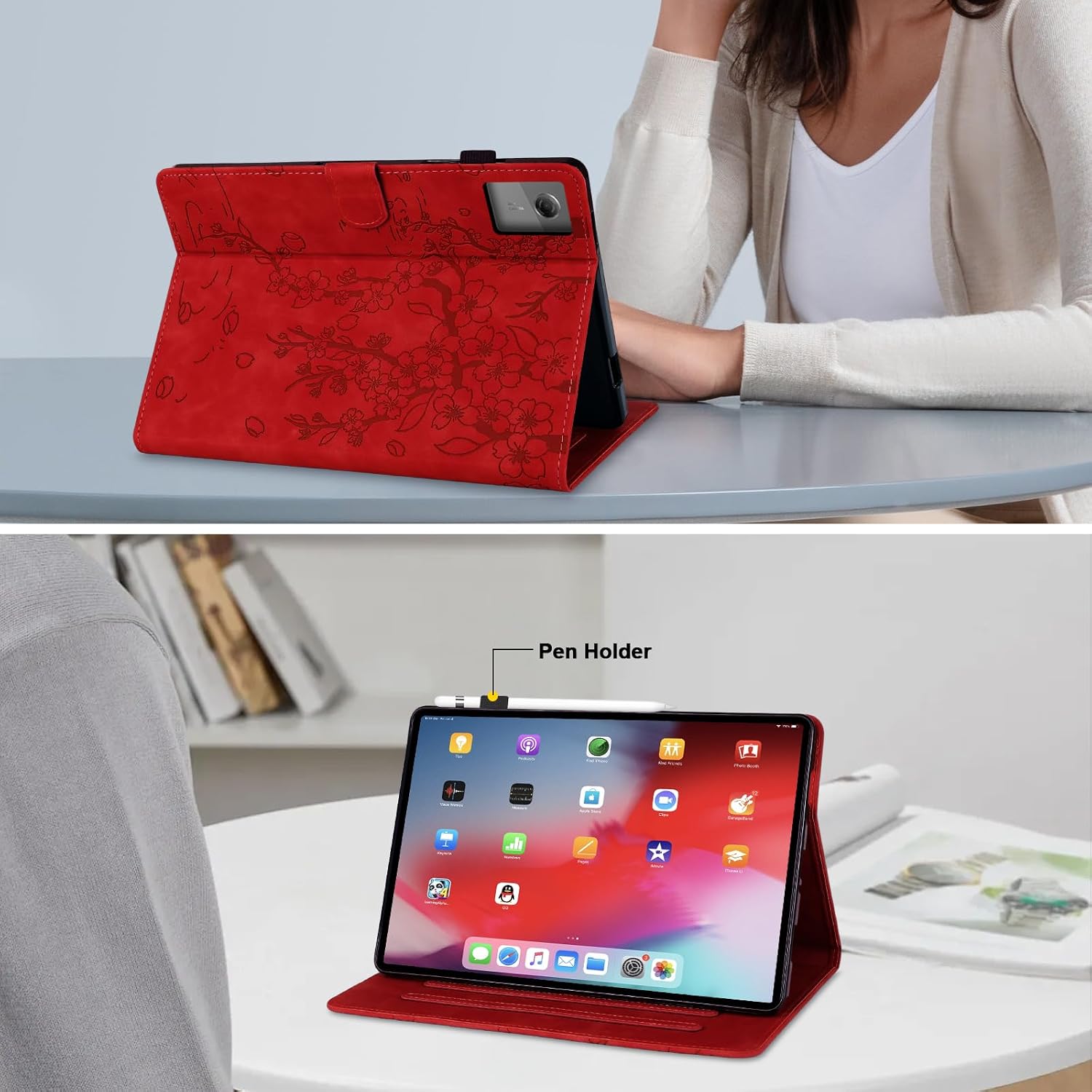 Case for Lenovo Idea Tab 11 Inch 2025 Case Lenovo Idea Tab TB-336ZU TB-336FU Folio Flip PU Leather Protective Case with Stand Pen Holder Card Slots Wallet Tablet Plum Blossom Red image 3