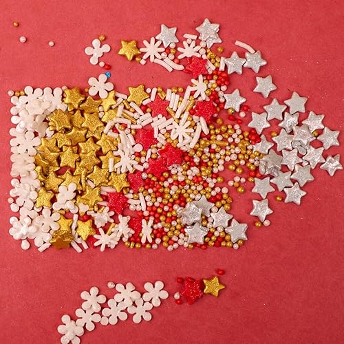 Miniatura 9 de Confect Gránulos navideños  Gránulos navideños para hornear y pasteles decorativos  Dorado, rojo y plateado Paquete de 5 chispas de corazón, copos