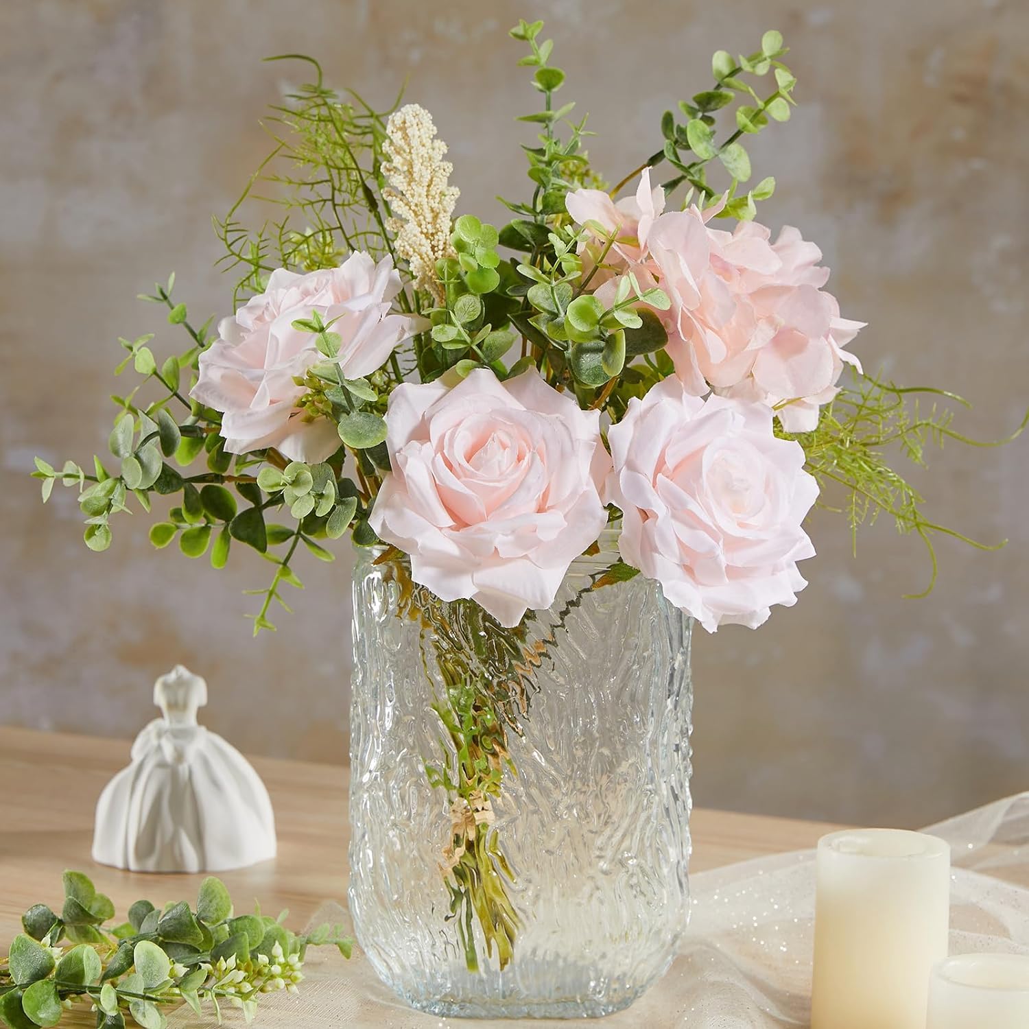 Serwalin Artificial Flowers in Vase,Fake Flowers in Vase Floral Arrangements Home Decor, Silk Roses with Glass Vase,Centerpiece Table decorations,Coffee Table Decor