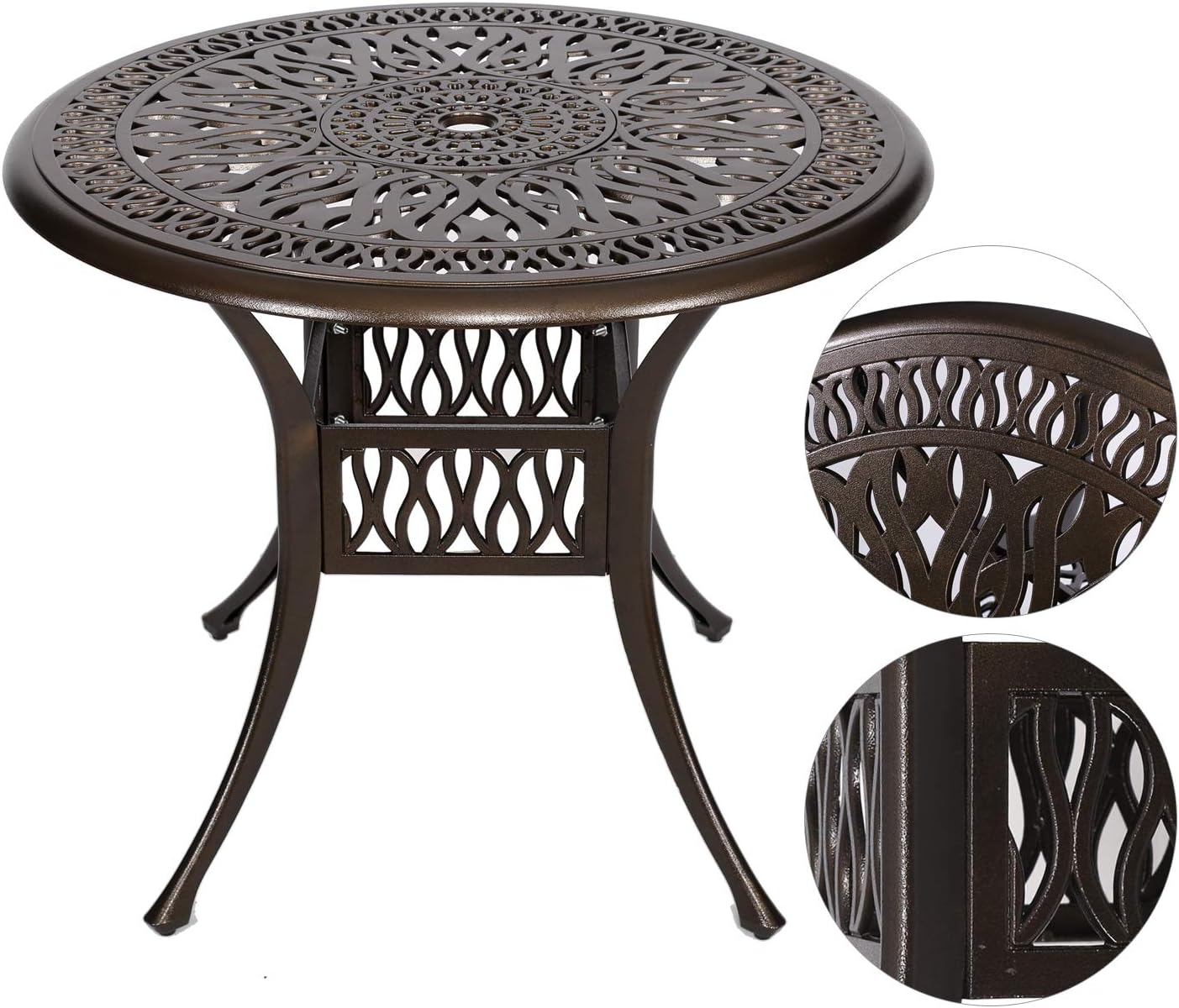 YUSING 35.4" Outdoor Dining Table,Patio Cast Aluminum Table,Furniture Set,Bistro Round Table with 2" Umbrella Hole for Kitchen,Garden,Yard