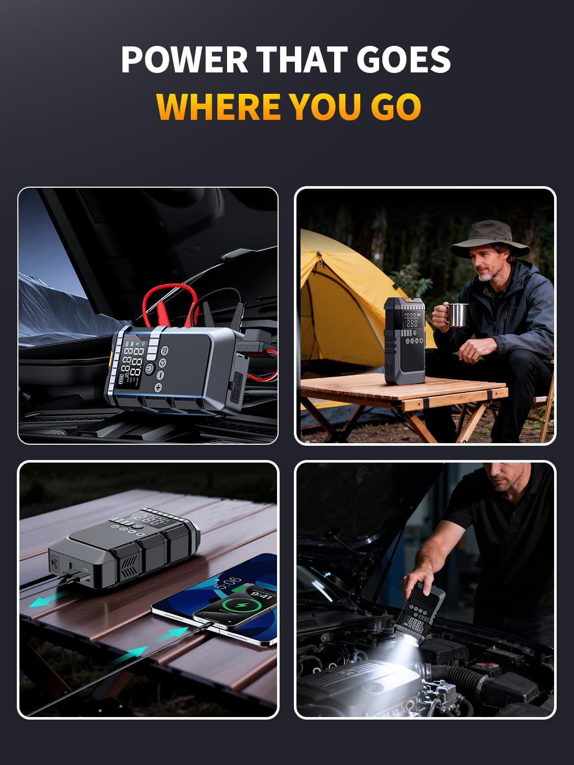 6000A Jump Starter with 160PSI Air Compressor, 12V Portable Car Jumper Starter (All Gas/12L Diesel), Jump Box with Jump Clamps, LCD Screen, Gloves, Emergency Light - Image 6