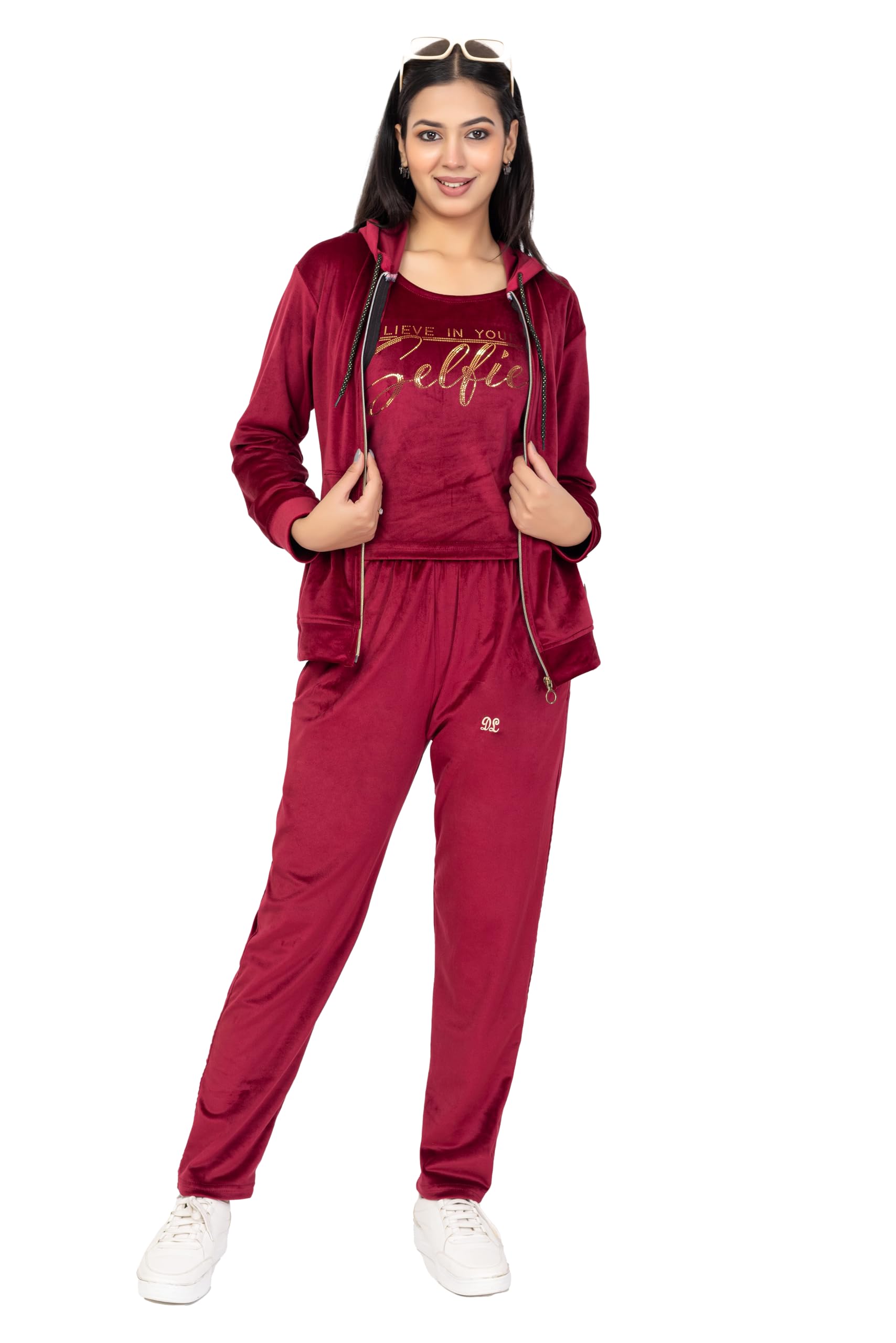 Women's Velvet Tracksuit with Inner, Hoodie and Pajama (3-Piece) Maroon_XL-image-13