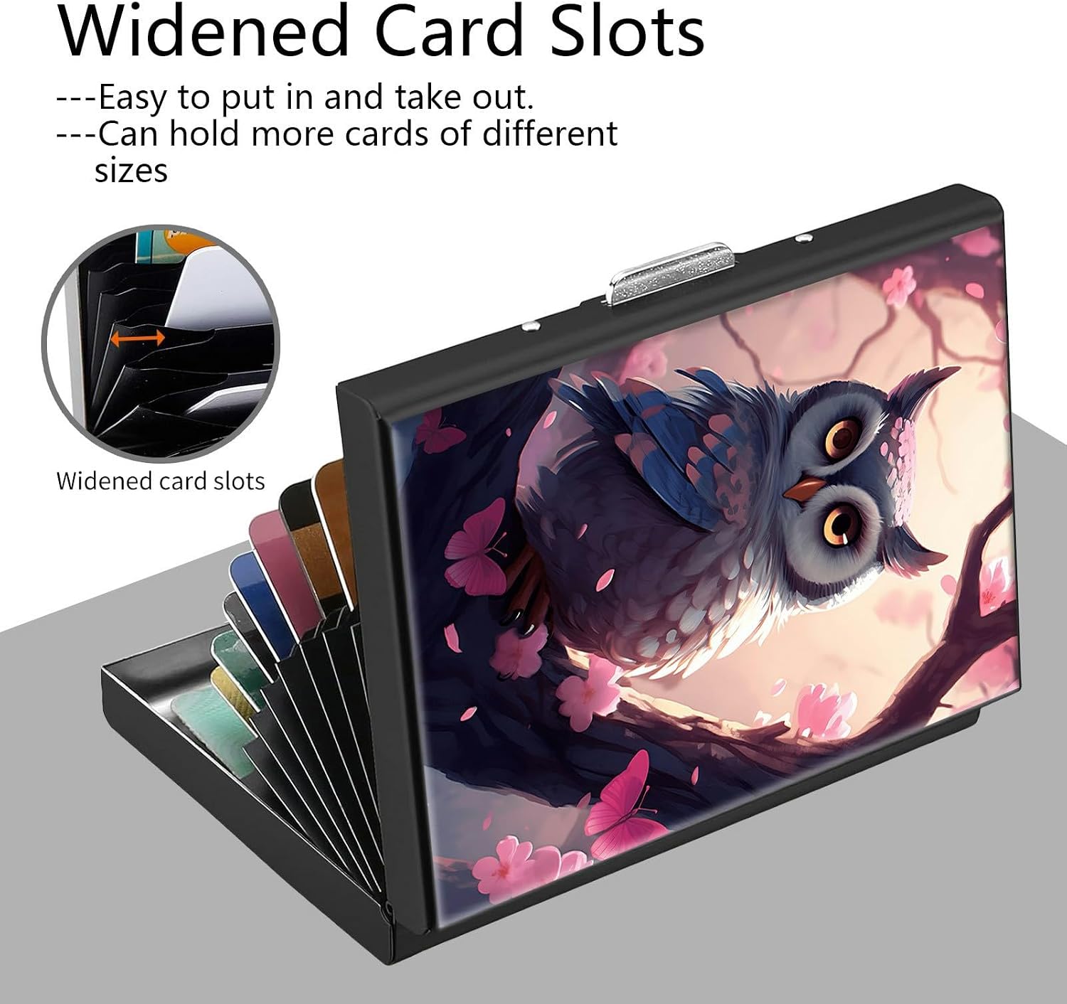 Credit Card Holder, Cute Pink Owl Design Mini RFID Blocking Aluminum Wallet Slim Metal Hard Case Shell Travel Wallet ID Case Small Credit Cards Case Business Cards for Women Men Girls