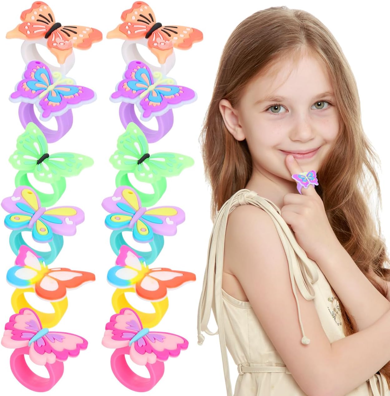 Garneck 12Pcs Butterfly Rings for Girls: Colorful Plastic Finger Ring Set Cartoon Jewelry Treasure Box Birthday Bags Party Favors Kids Toddler Dress Up Accessories Princess Pretend Play Toy