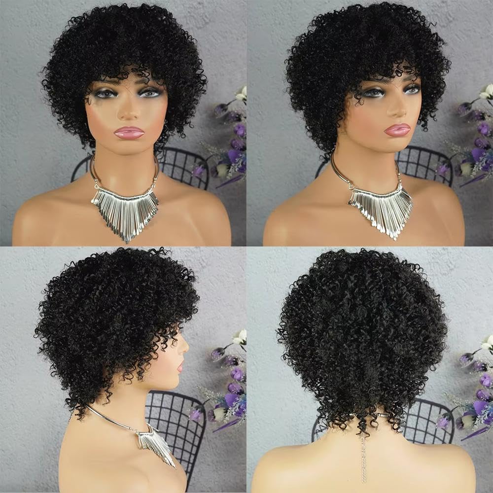 Haarpflege Ombre Braun Blonde Highlight Kinky Kurze Lockige Echthaar Perücke Für Schwarze Frauen Full Machine(Natural Black)