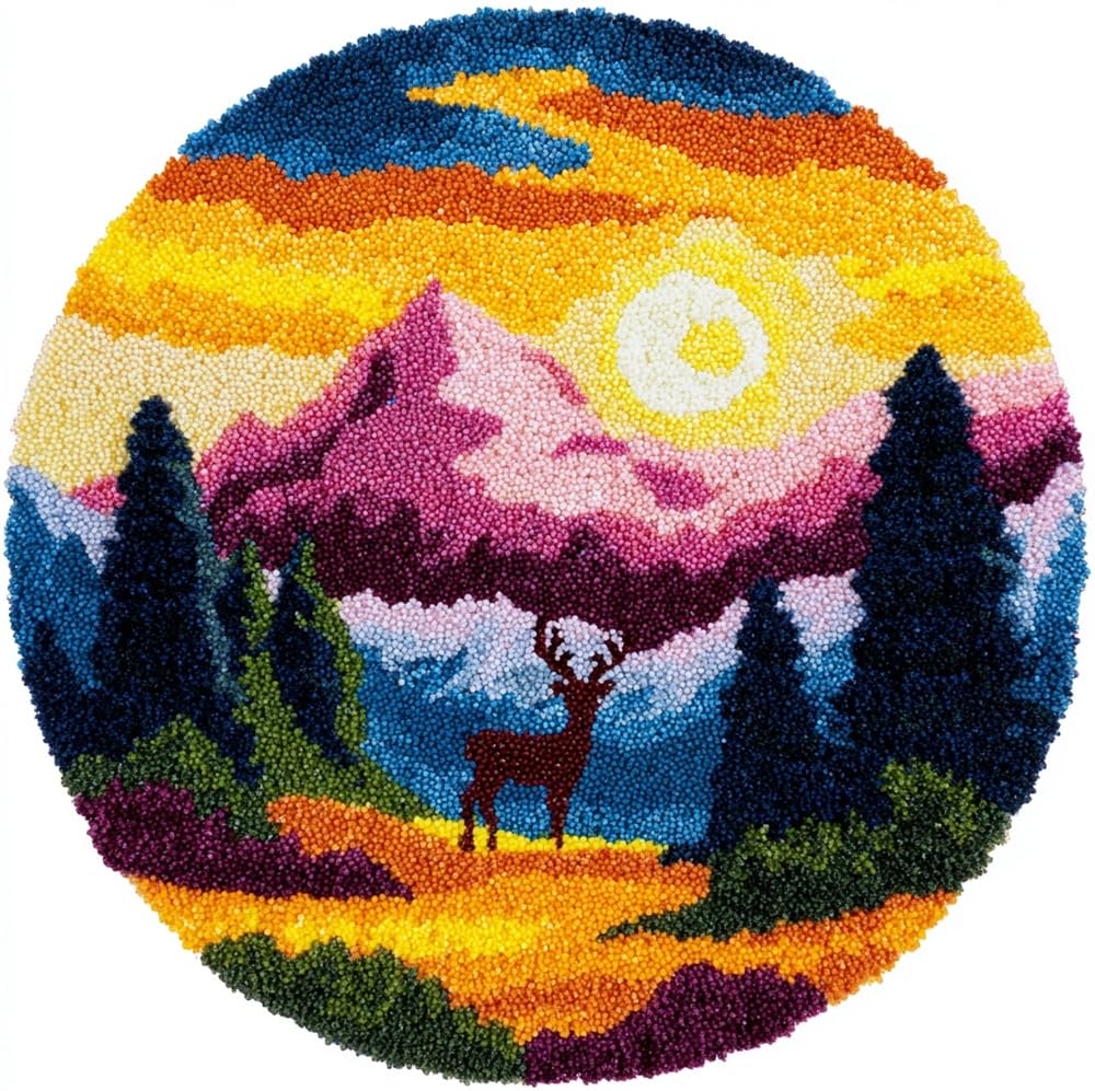 kitphoenix Rug DIY Crafts Yarn Carpet Round Shape The Deer Under The Mounta