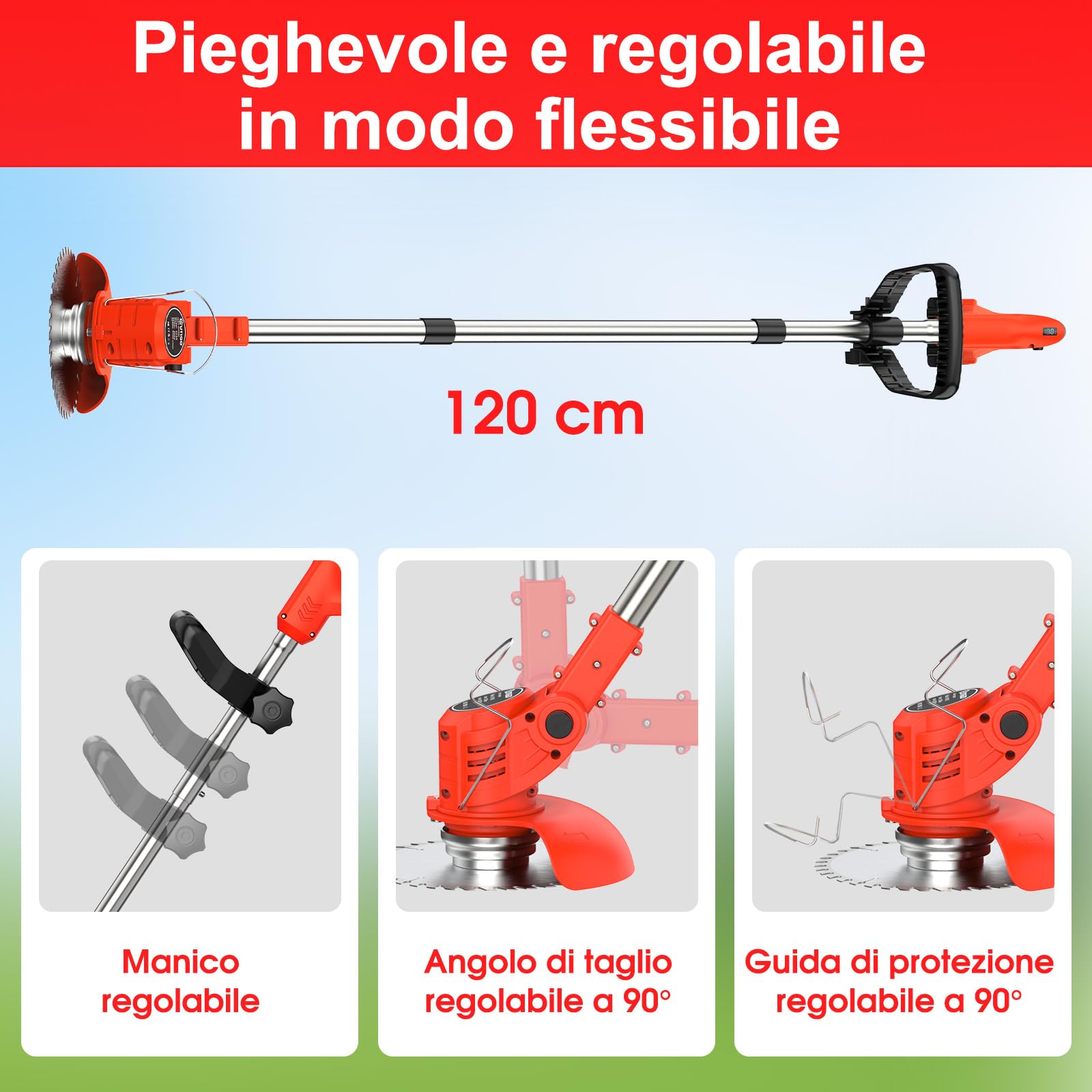 OUTIGO Tosaerba a batteria, Dotato di due batterie da 21 V, 4 lame, tosaerba triplo pieghevole, tosaerba da giardino a batteria per prati, arbusti e cespugli.