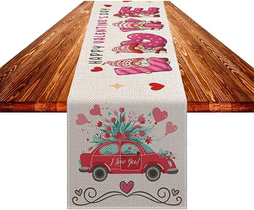 Lucleag Camino de mesa para el día de San Valentín, lindo camino de mesa de gnomo de San Valentín, decoración de mesa de camión de gnomo rosa para