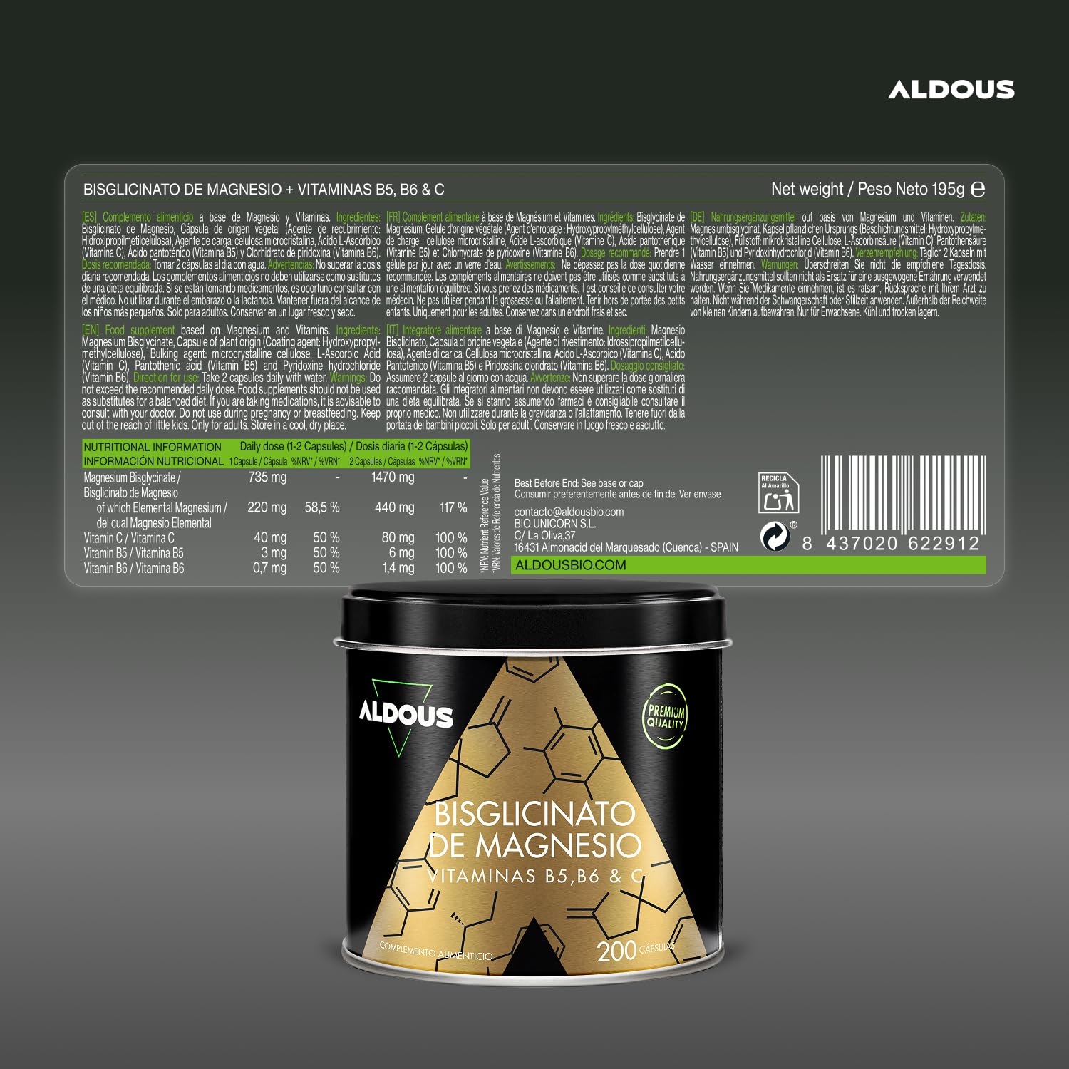 Magnesio Bisglicinato - 200 Cápsulas - Vitamina C, B6, B5 - Bisglicinato de Magnesio Alta Biodisponibilidad - Vitaminas para el Cansancio - Huesos, Articulaciones, Músculos - Glicinato - ALDOUS