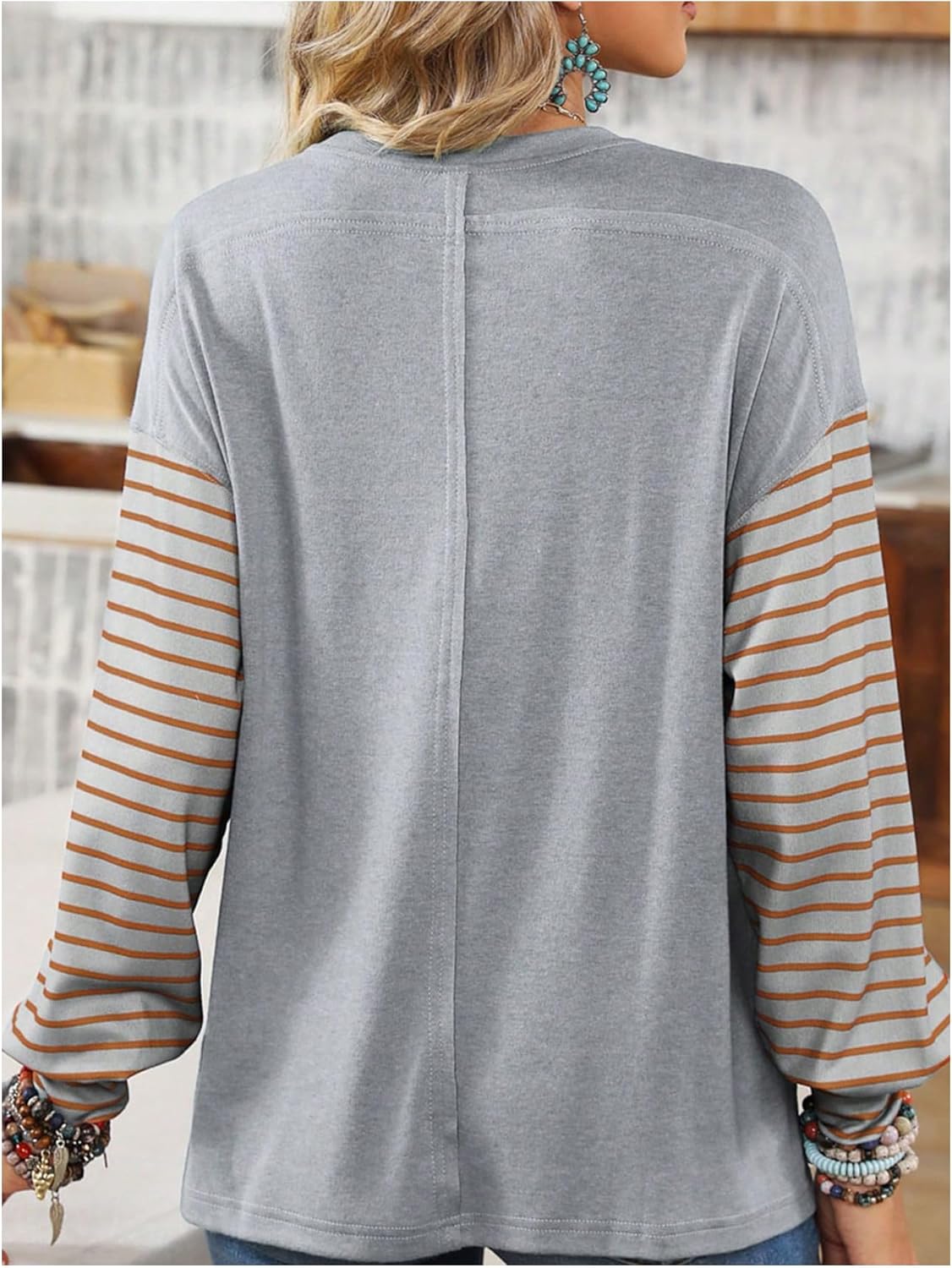 WDIRARA Women's Striped Color Block T Shirts Lantern Long Sleeve Crew Neck Tee Tops - Image 2