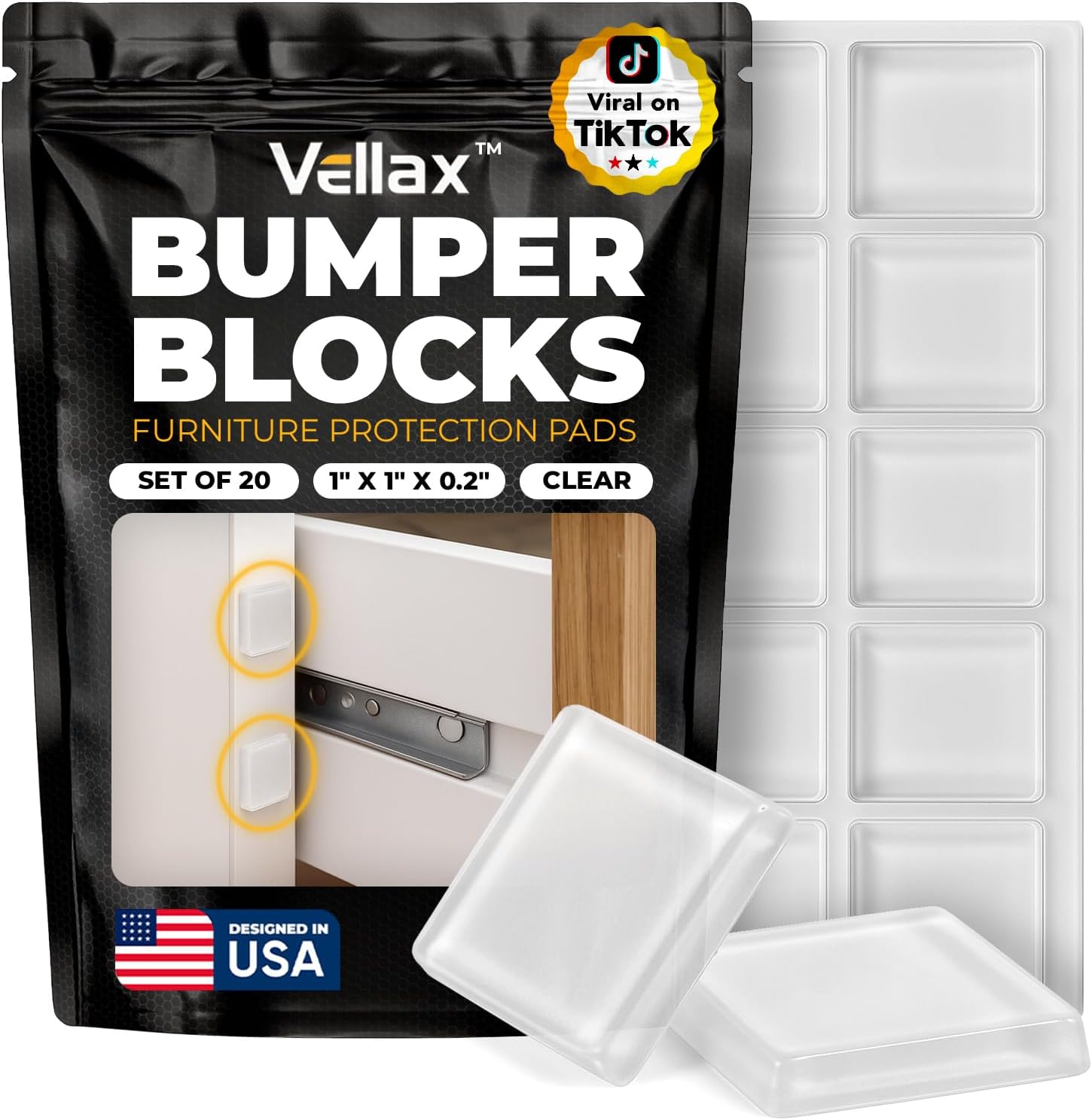 Vellax 20-Pack Clear Silicone Bumper Blocks, 1"x1" Anti-Slip Pads