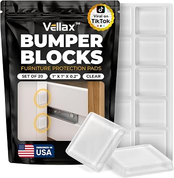 20 Clear Silicone Bumper Blocks 1" x 1" Anti-Slip Pads for Cabinets, Glass Table Tops, and Chairs Wall Protector & Soft-Close Noise Dampening Pads by Vellax