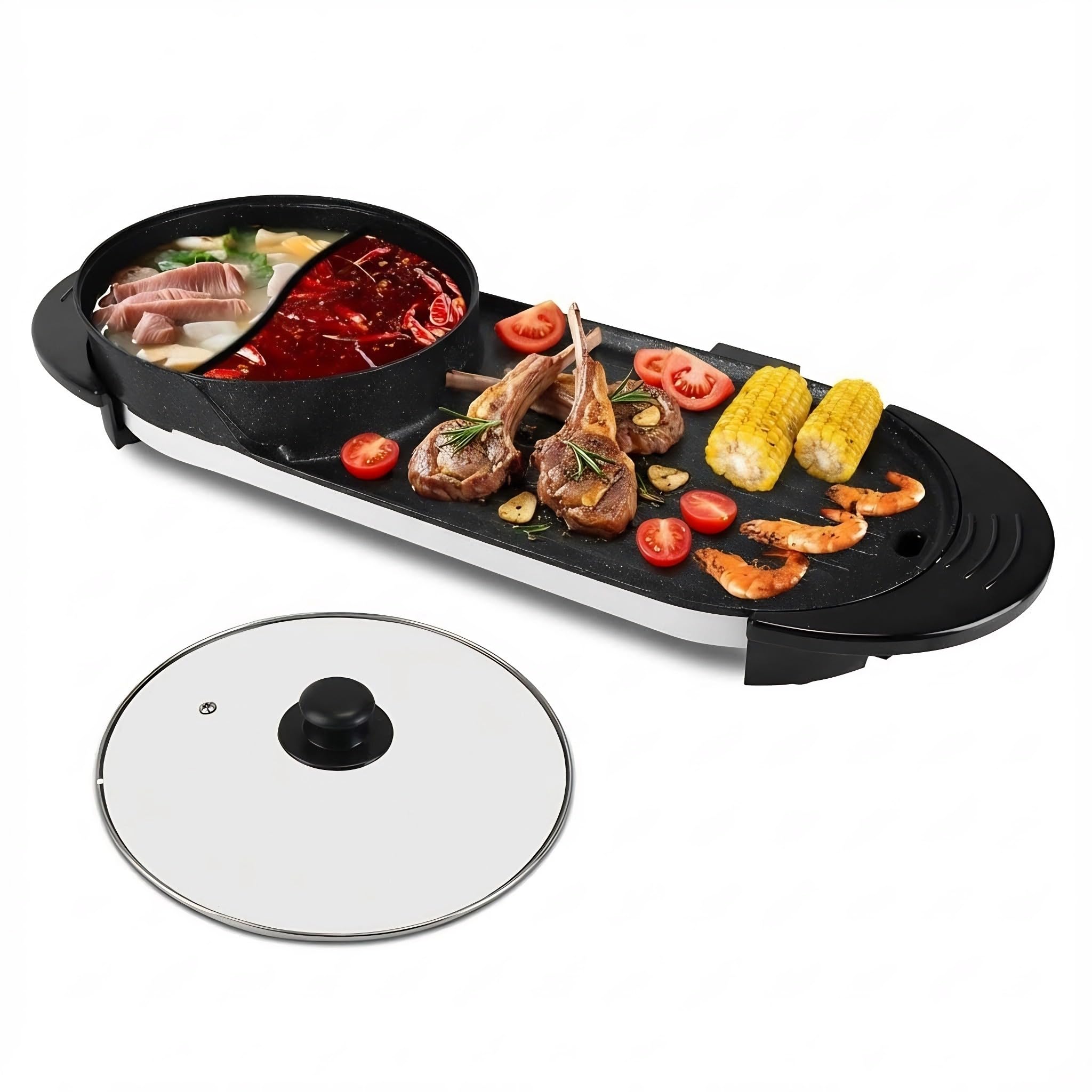 2 in 1 Electric Hot Pot with Grill 2200W Shabu Shabu Pot with BBQ Grill Cooker Indoor Smokeless Non-Stick Korean BBQ Grill with Independent Temperature Control 5 Gears for Camping Kitchen Picnic