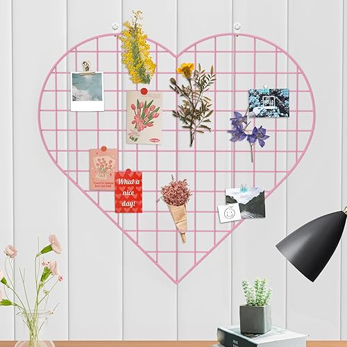 ECLENYES Grid Photo Wall Panels - 22.4"x20.4" Heart Shape Iron Rack Art Wire Board, Wall Grid Organizer, DIY Photo Frame for Home, Office, Kitchen, Bedroom, Christmas Gifts - Pink - Pink