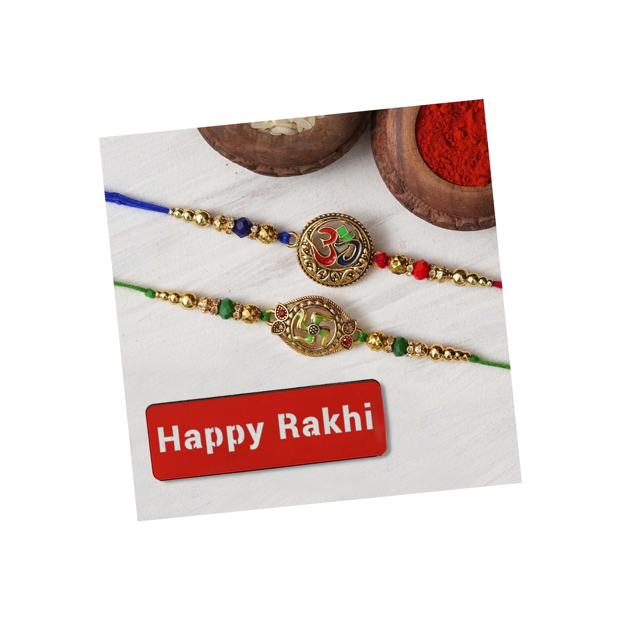 eCraftIndia Set of 2 Swastika and Om Rakhis for Brothers with Happy Rakhi Wooden Cutout and Roli Chawal Pack (B0D6GHZGGF) Amazon Price History, Amazon Price Tracker