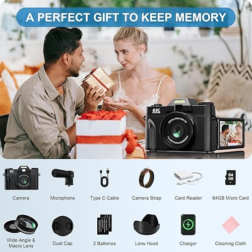 Miniatura 7 de Yatao Cámaras digitales para fotografía y vlogging, pantalla abatible de 6K 64MP, lente dual, micrófono para video, tarjeta TF de 64 GB, cámara