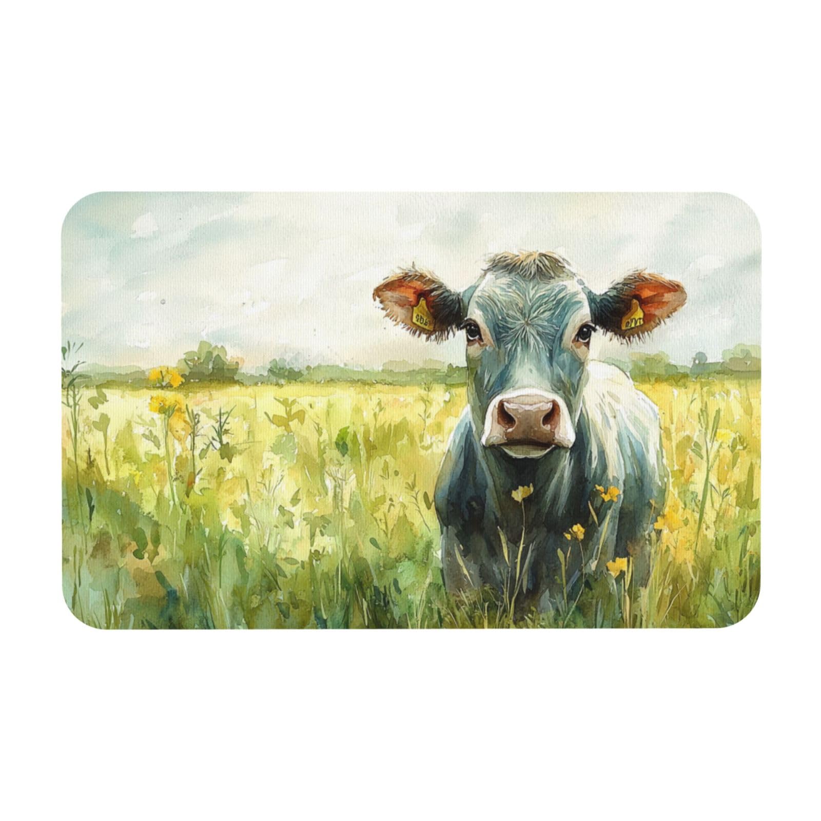 Tapis de bain antidérapant lavable motif vache verte pour chambre et cuisine