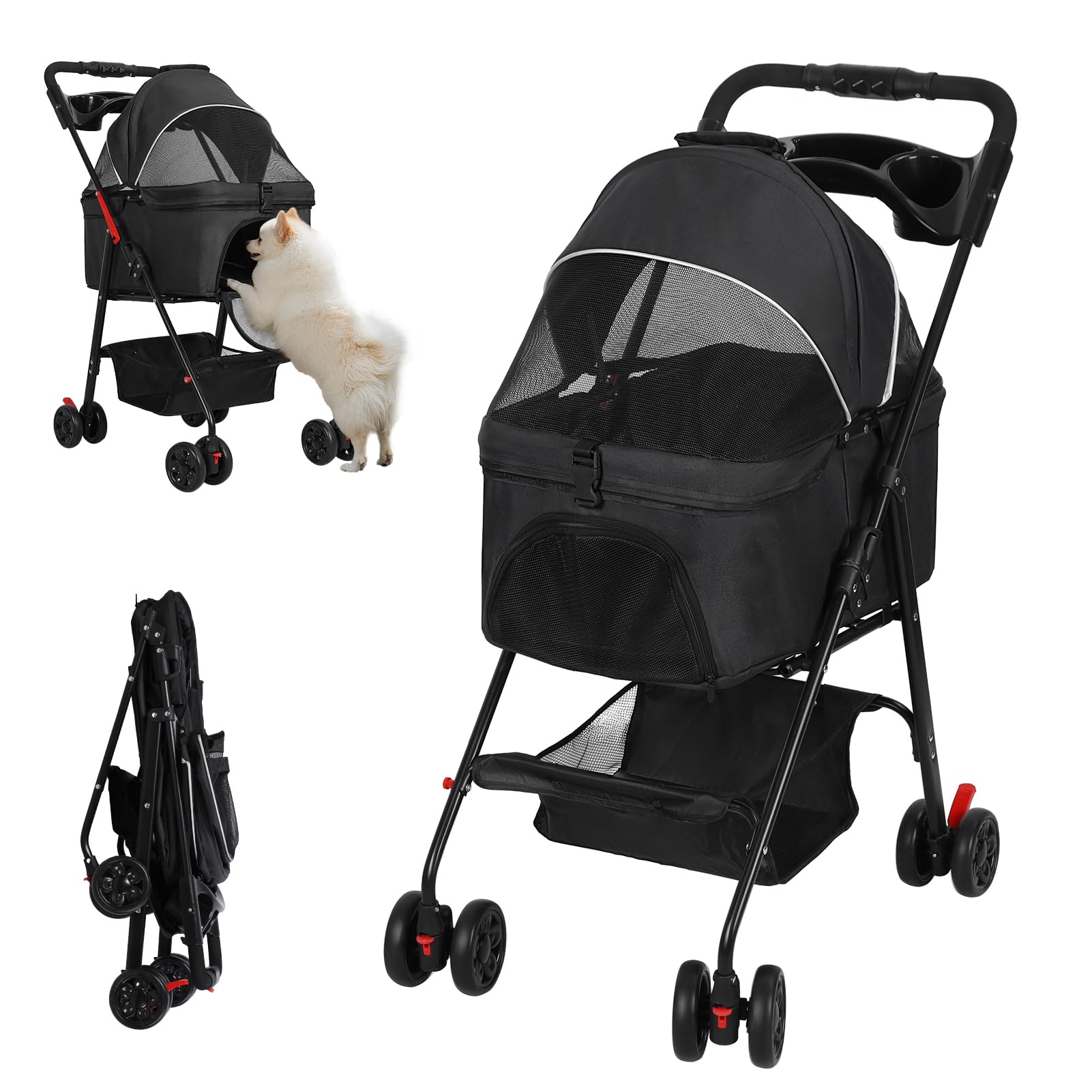 Pet Stroller for Small Dogs & Cats, Folding Dog Carrier with 360° Rotatable Front Wheels, Dual Anti-Release Buckle, 180° Adjustable Canopy, Comfortable Mesh, Cup Holder (Pure Black)