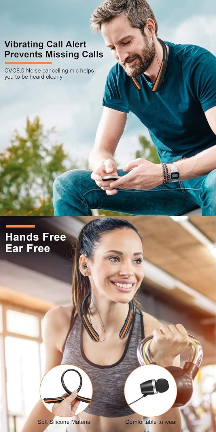 Wireless Bluetooth Neckband Headphones Auto Retractable Earbuds,CVC8.0 Noise Cancelling,IPX6 Waterproof Earphones,16 Hrs HD Talktime Soft Silicone Material for Working,Black - Image 4