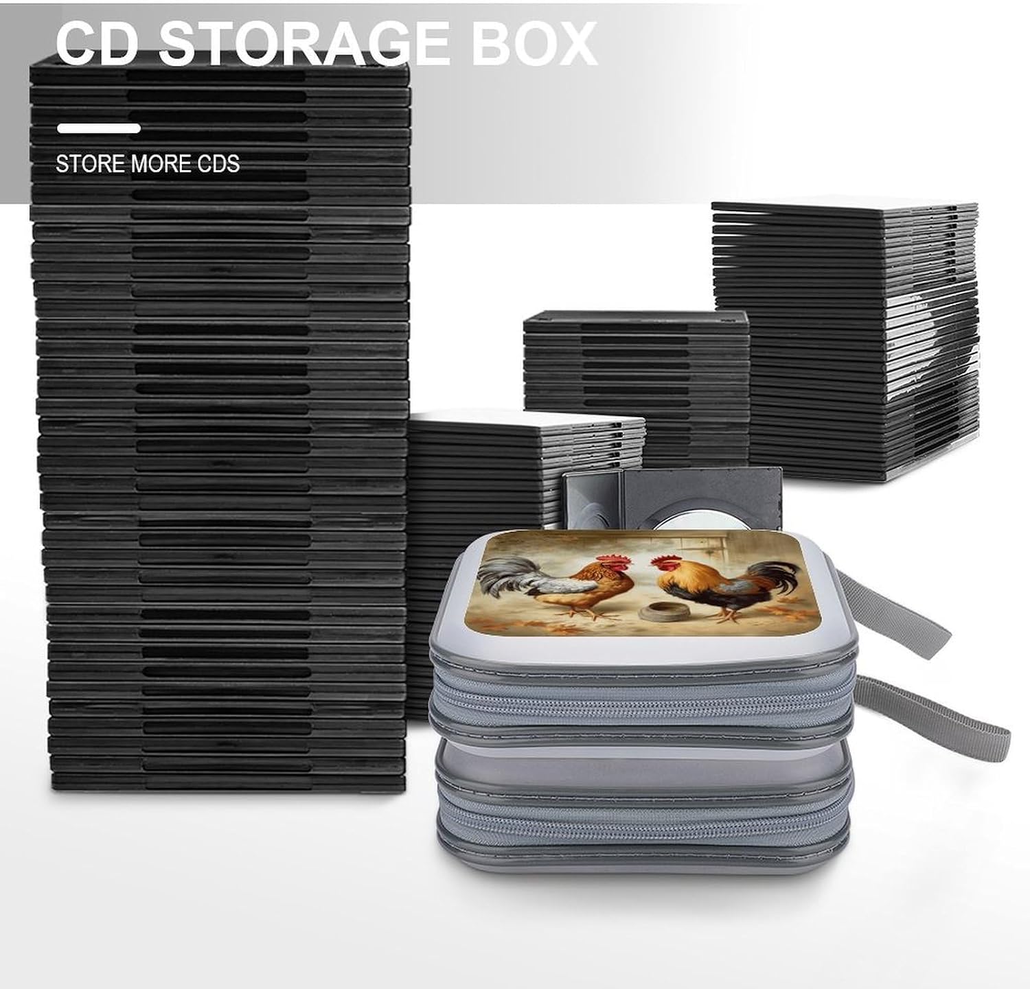 Chicken And Rooster Print CD Case DVD Holder Storage Portable Carrying Binder Holder Wallet Large Storage Disc Wallet Bag Hard Plastic DVD Disc Cases Large Media Binder 40 Capacity