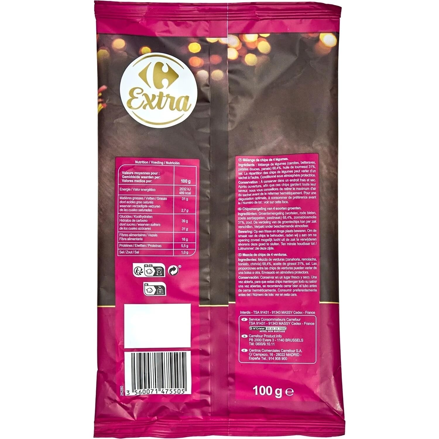 CARREFOUR EXTRA - Chips Mélange de 4 Légumes - Carottes, Betteraves, Patates Douces et Panais · Extra Croustillantes - le paquet de 100g - Le Lot De 4