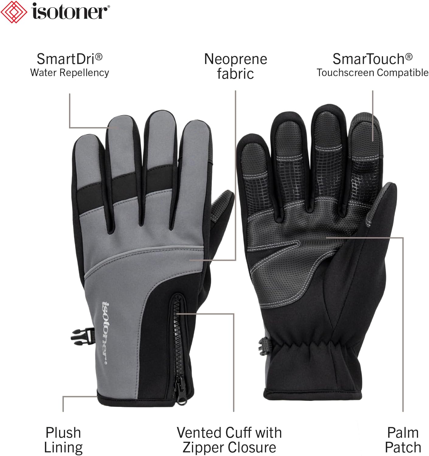 isotoner mens Water Repellent Lined Neoprene Grip Touchscreen Gloves With Zipper - Image 2