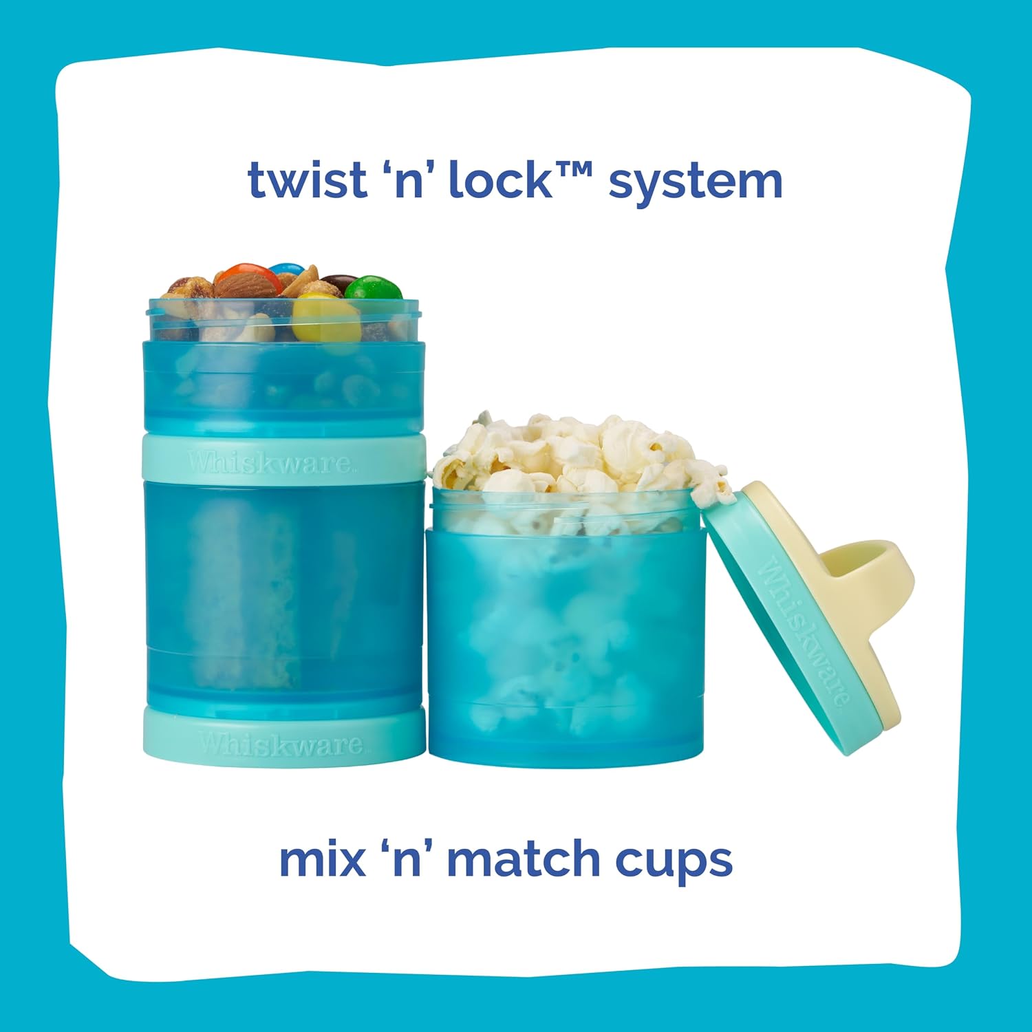 Whiskware Solid Snack Containers, 3 Stackable Snack Cups, Tan/Blue image 3