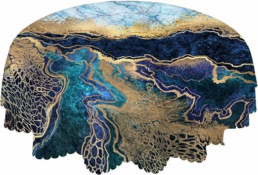AOYEGO Marble Blue Table Cloth Stone Wavy Textures Liquid Paint Gold Foil Luxury Art Round Tablecloth 60 Inch for Dining Room, Party, Banquet