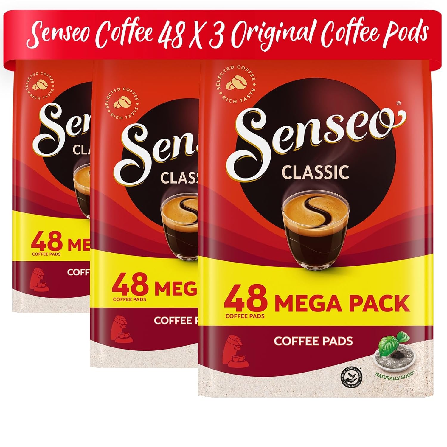Senseo Classic Medium Roast Coffee Pods – 144 Count (3 Packs) – Smooth, Balanced Flavor with Rich Crema – Single-Serve Pads Compatible with Senseo & PeleCom Machines
