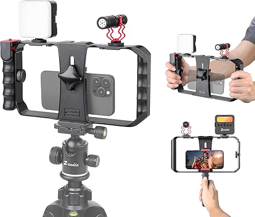Zeadio Kit universal de vlogging para teléfono inteligente con luz RGB y micrófono - Jaula estabilizadora para teléfono celular para iPhone/Android,