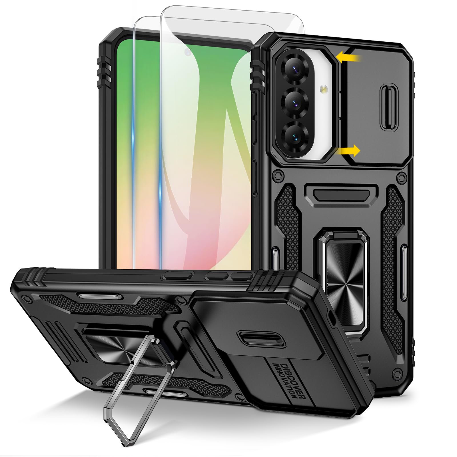 Doeshine für Samsung Galaxy A57 Hülle mit 2 Stück Displayschutzfolie & Kameraschutz, 360° Rotate Ring Ständer, Robust Fallschutz Handyhülle Outdoor Militär Schutzhülle für Galaxy A57 (Schwarz)