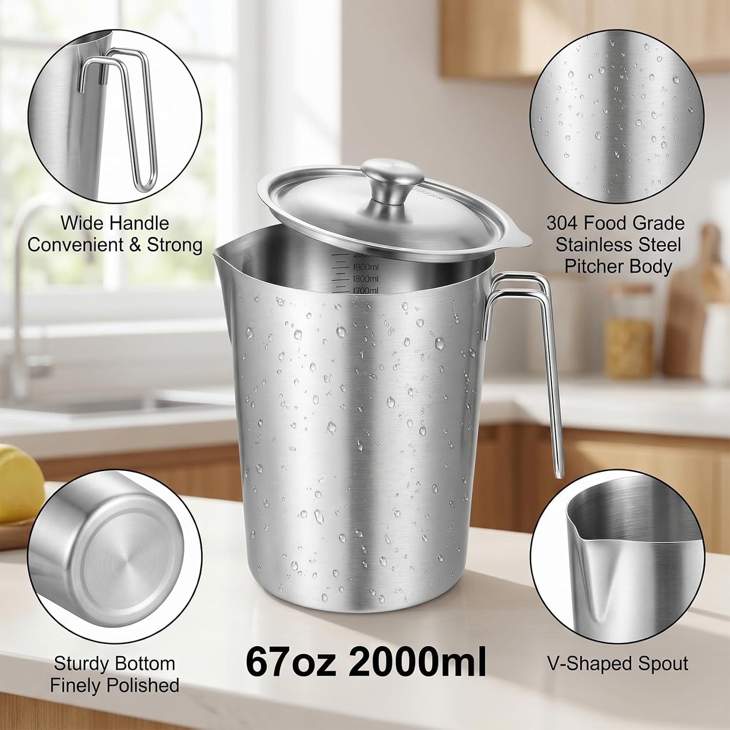 Stainless Steel Pitcher with Lid, 70 oz/2 L Metal Measuring Cup