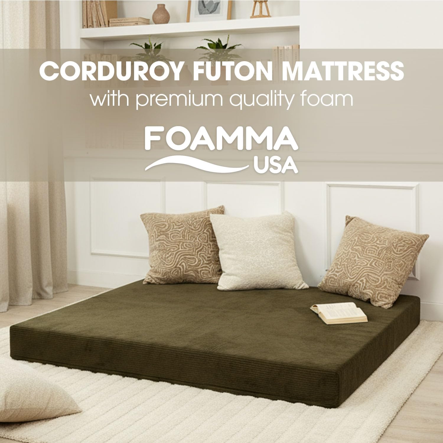 FoammaUSA Premium Corduroy Futon Couch Mattress – Made in USA 6-Inch Memory Foam Infused Easy fold Sofa Bed with Heavy-Duty Zipper & Removable Cover, CertiPUR-US Certified (Frame Not Included)