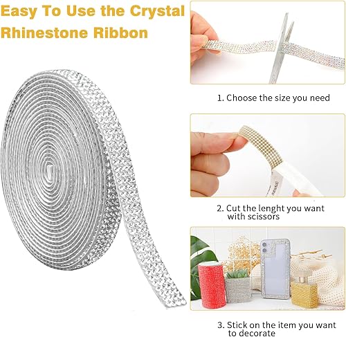 Miniatura 6 de Cinta de diamantes de imitación plateados, tiras autoadhesivas de diamantes de imitación de 3 yardas, cinta de diamantes de imitación con purpurina,