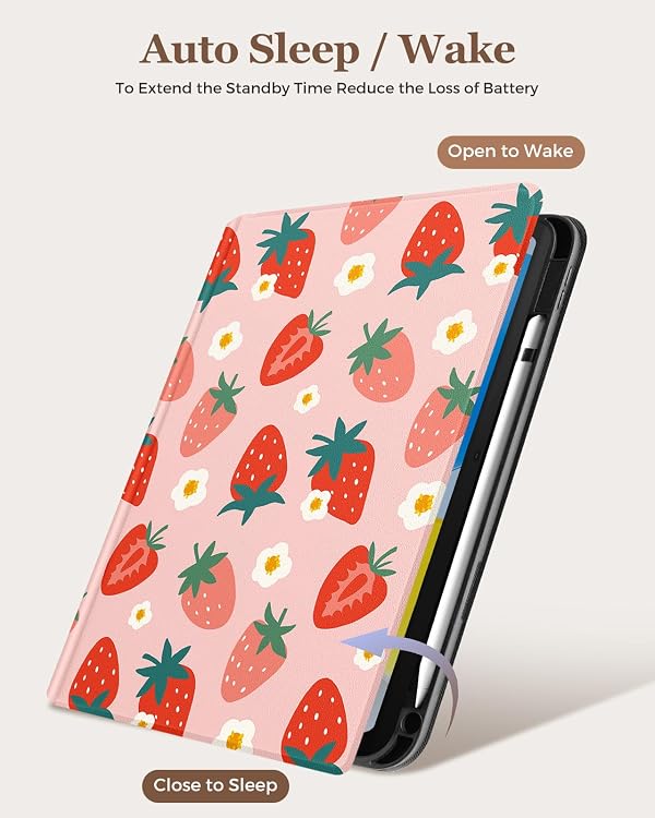 Wazzasoft for iPad A16 Case (11th) 2025,for iPad 10th Generation 10.9 inch (2022) - Smart Folio Cover (Auto Wake/Sleep) with Build-in Pencil Holder for Apple Tablet Cover for Women Girls,Strawberries by Wazzasoft - Image 5