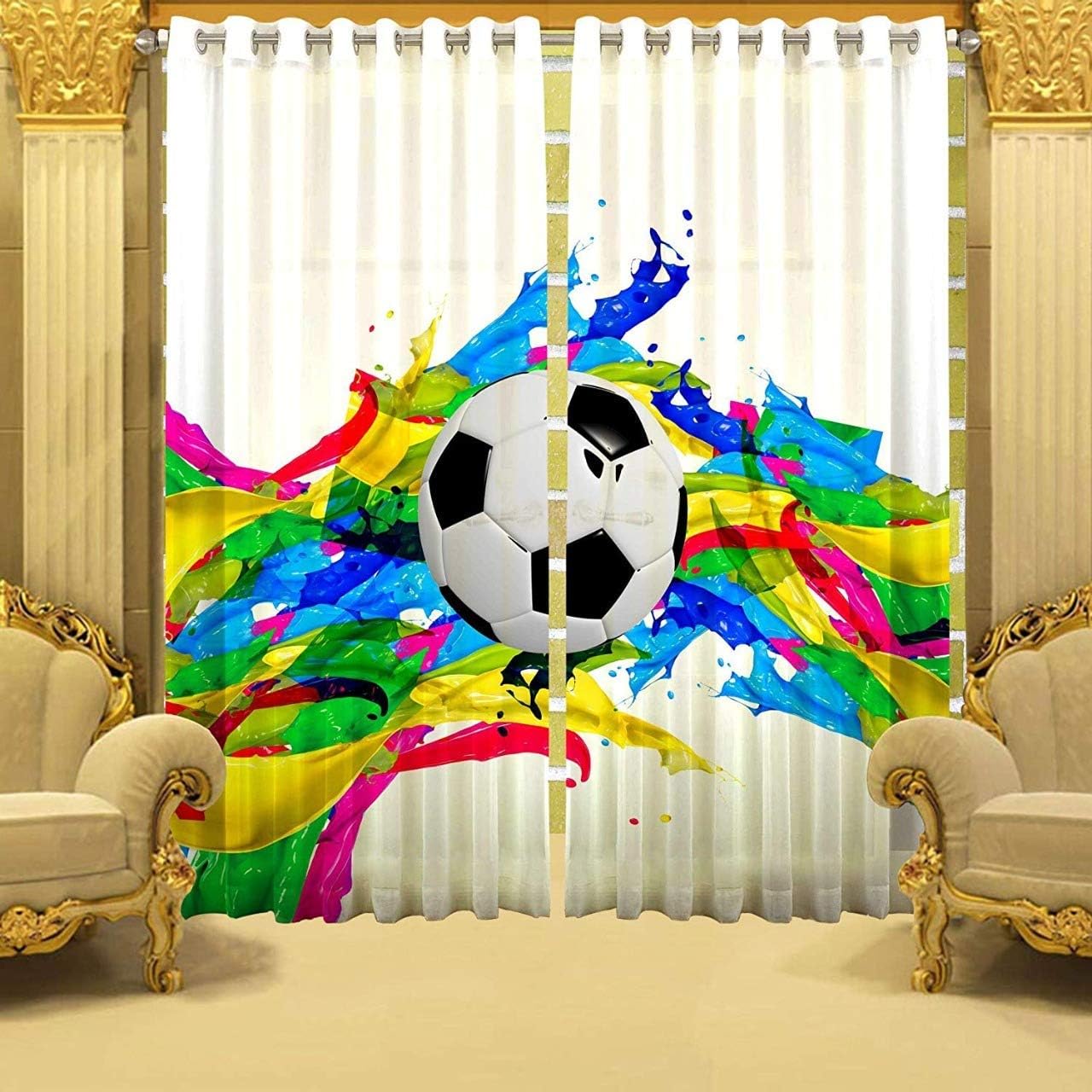 VIS 3D Football Digital Printed Polyester Fabric Curtain for Bed Room, Living Room Kids Room Color Multi Window/Door/Long Door (D.N. 610) (4, 4 x 9 Feet (Size : 48 x 108 Inch) Long Door)